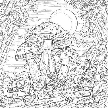Ormanda agarik mantarlar uçuşuyor. Çocuklar ve yetişkinler için boyama kitabı antistresi.