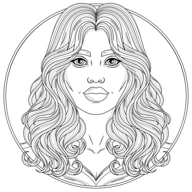 Güzel bir kadın. Daire şeklinde bir portre. Çocuklar ve yetişkinler için boyama kitabı antistresi.