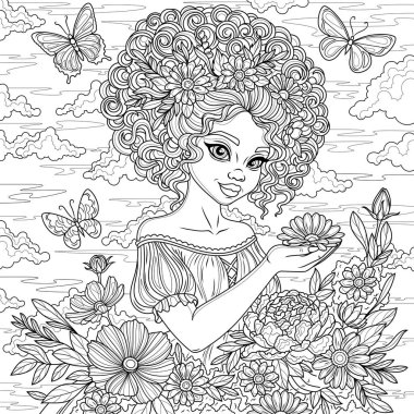 Çiçekleri ve kelebekleri olan çekici bir kız. Çocuklar ve yetişkinler için boyama kitabı antistresi.