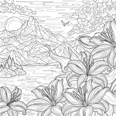 Dağlara ve göle yakın zambaklar. Manzara. Çocuklar ve yetişkinler için boyama kitabı antistresi.