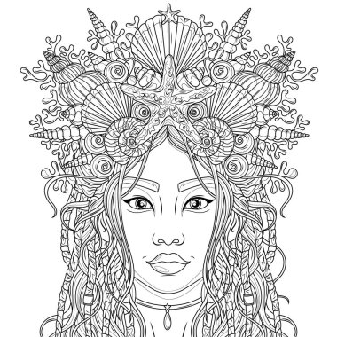 Deniz kabuklarından bir taç giymiş kadın denizkızı. Çocuklar ve yetişkinler için boyama kitabı antistresi.