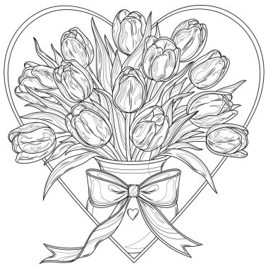 Kalbinde bir buket lale. Çocuklar ve yetişkinler için boyama kitabı antistresi.