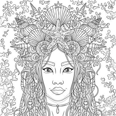 Deniz kabuğu ve yosundan yapılmış tacı olan bir kadın. Çocuklar ve yetişkinler için boyama kitabı antistresi.