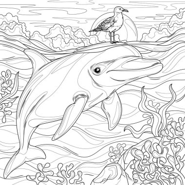 Yunus üzerindeki martı. Çocuklar ve yetişkinler için boyama kitabı antistresi.