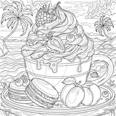 Plajda meyveli bir bardakta tatlı. Çocuklar ve yetişkinler için boyama kitabı antistresi.