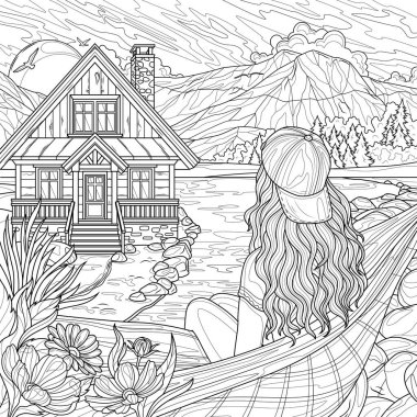Hamaktaki bir kadın göl kenarındaki bir eve bakıyor. Çocuklar ve yetişkinler için boyama kitabı antistresi.