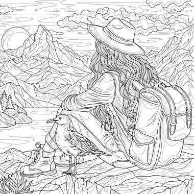 Sırt çantalı bir turist kız bir martıyla bir taşın üzerinde oturuyor. Çocuklar ve yetişkinler için boyama kitabı antistresi.