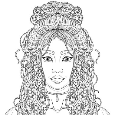 Rasta saçlı Asyalı kadın. Çocuklar ve yetişkinler için boyama kitabı antistresi.