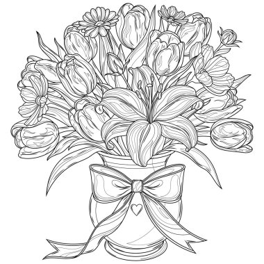 Vazoda bir buket lale ve zambak. Çocuklar ve yetişkinler için boyama kitabı antistresi. El çizimi