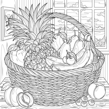 Odadaki masada bir sepet meyve. Çocuklar ve yetişkinler için boyama kitabı antistresi.