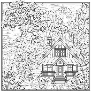 Şelalenin yanındaki kare çerçeveli ev. Çocuklar ve yetişkinler için boyama kitabı antistresi. El çizimi
