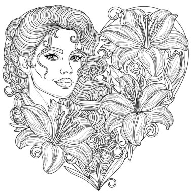 Kalp şeklinde zambaklar ve kadınlar. Çocuklar ve yetişkinler için boyama kitabı antistresi.