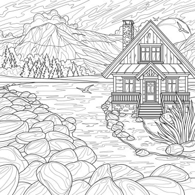Wooden house by the lake. Coloring book antistress for children and adults. Hand draw