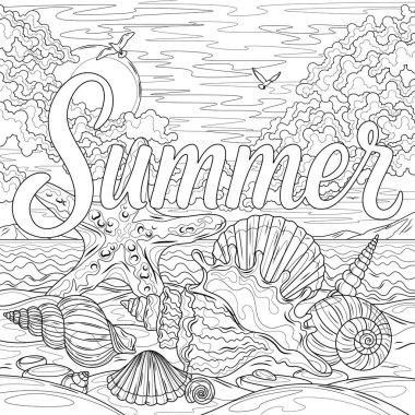 Sahildeki deniz kabuklarının arka planında yazılıydı. Çocuklar ve yetişkinler için boyama kitabı antistresi.