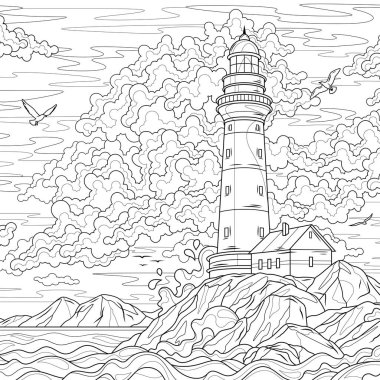 Denizde bir deniz feneri. Çocuklar ve yetişkinler için boyama kitabı antistresi. El çizimi