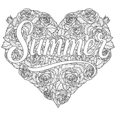 Yaz yazısıyla birlikte güllerin kalbi. Çocuklar ve yetişkinler için boyama kitabı antistresi.