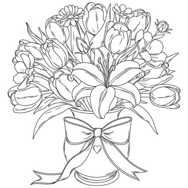 Kavanozda bir buket çiçek. Çocuklar ve yetişkinler için boyama kitabı antistresi. El çizimi
