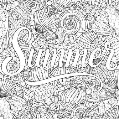 Deniz kabukları ve deniz yıldızı ve yazıtları Summer. Çocuklar ve yetişkinler için boyama kitabı antistresi..