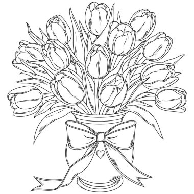 Vazoda bir buket lale. Çocuklar ve yetişkinler için boyama kitabı antistresi. El çizimi