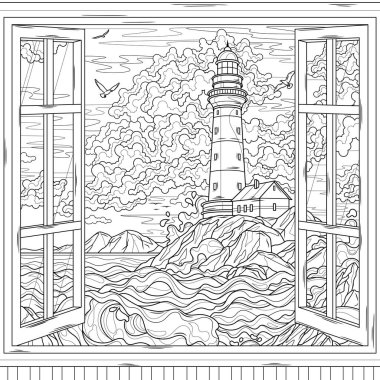 Pencereden denizdeki deniz fenerine bak. Çocuklar ve yetişkinler için boyama kitabı antistresi.