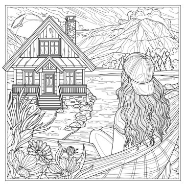Hamaktaki bir kadın göl kenarındaki bir eve bakıyor. Çocuklar ve yetişkinler için boyama kitabı antistresi. El çizimi