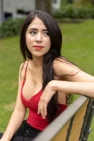 looking at the camera a latin woman with long hair and natural makeup, details of the face with daylight, happy person with low-cut blouse