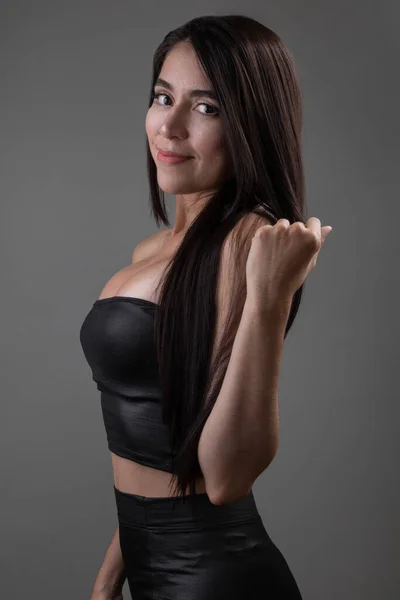 Beautiful Female Model Studio Latin Young Woman Long Straight Hair — Stock Photo, Image