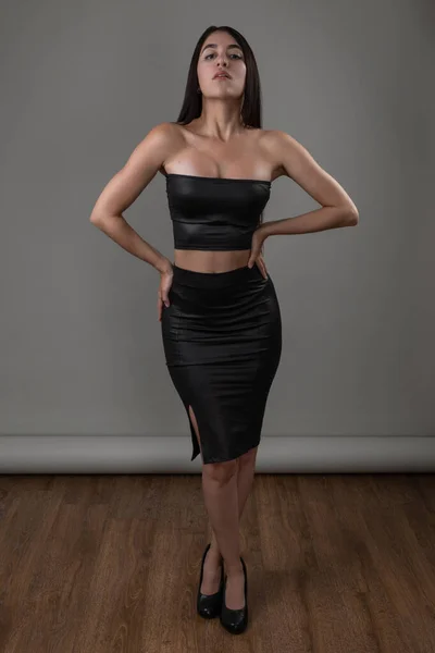 Full Body Young Slim Latin Woman Wearing Elegant Dress Beauty — Stock Photo, Image