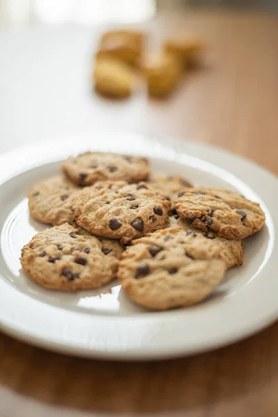 Plate Served Delicious Homemade Cookies Decorated Chocolate Chips Pastry Studio — Stock Photo, Image