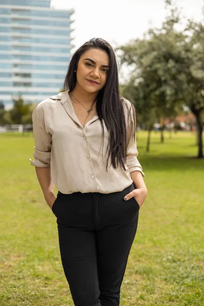 young latin woman with straight hair smiling, wearing a formal blouse and pants, fashion and beauty for office, portrait of entrepreneur