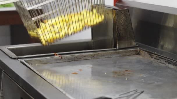 Робоче Місце Смаження Картоплі Фрі Кухні Посуд Швидкої Нездорової Їжі — стокове відео