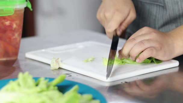 Ruce Osoby Krájející Salát Nožem Sekací Desce Připravující Jídlo Vegetariánskými — Stock video