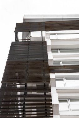 Dekoratif siyah metal aksanlı parlak bir tasarımı olan modern bir bina. Yapının temiz çizgileri ile entrika kedisi arasındaki zıtlık