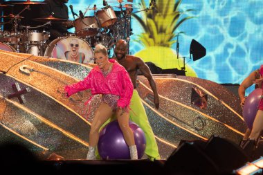 NK, 16 Ağustos 2023 'te Detroit, Michigan' daki Comerica Park 'ta özel konuk Brandi Carlile ve Grouplove ile canlı performans sergiliyor.