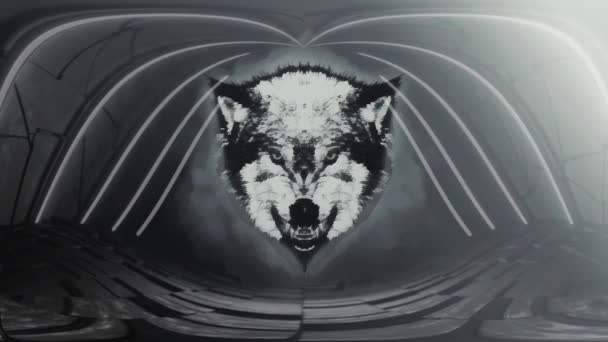 灰蒙蒙的云雾中的狼头 未来派门户 单色背景 — 图库视频影像