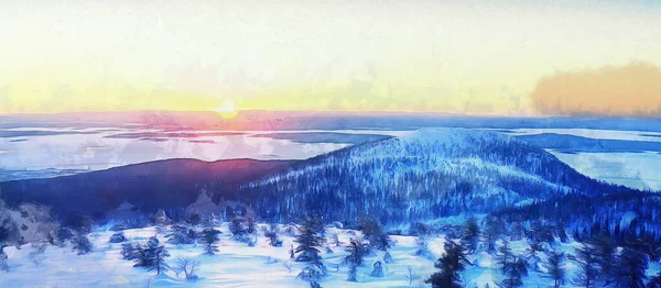 Den Nedgående Solen Över Vinterlandskapet — Stockfoto