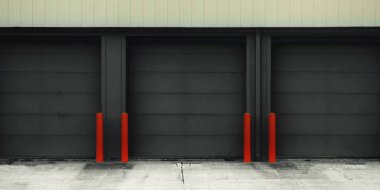 Texture of black garage door, red poles, panoramic view