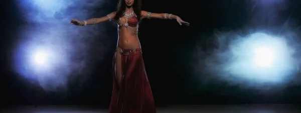 Girl performs belly dance, oriental culture, panoramic view