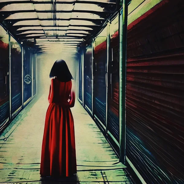 Κορίτσι Κόκκινο Φόρεμα Φως Στο Τέλος Του Διαδρόμου Ιαπωνικό Στυλ — Φωτογραφία Αρχείου