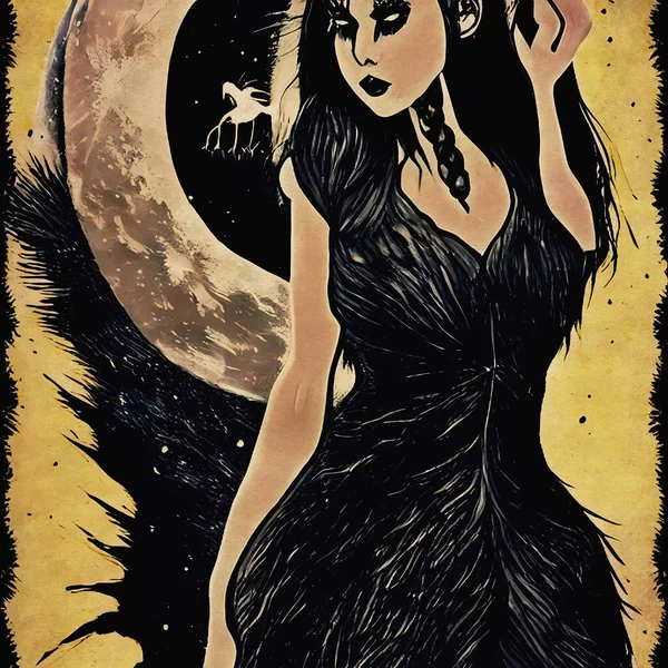 Boszorkány Fekete Háttér Hold Sötét Fantázia Mítoszok Legendák — Stock Fotó