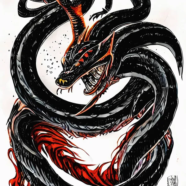 Mythical Black Serpent Asian Art White Background — 图库照片