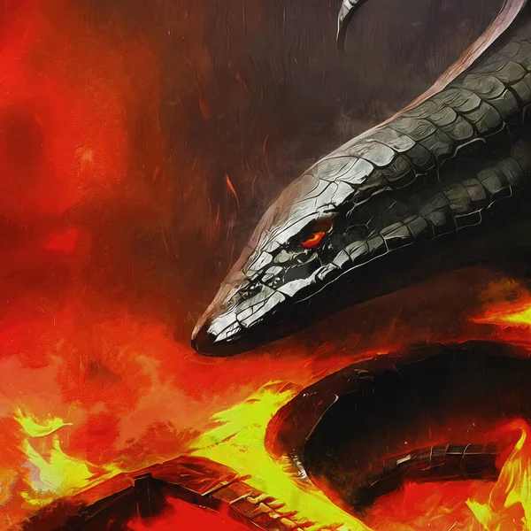 燃えるような背景 クローズアップ 神話や伝説上の黒い蛇 — ストック写真