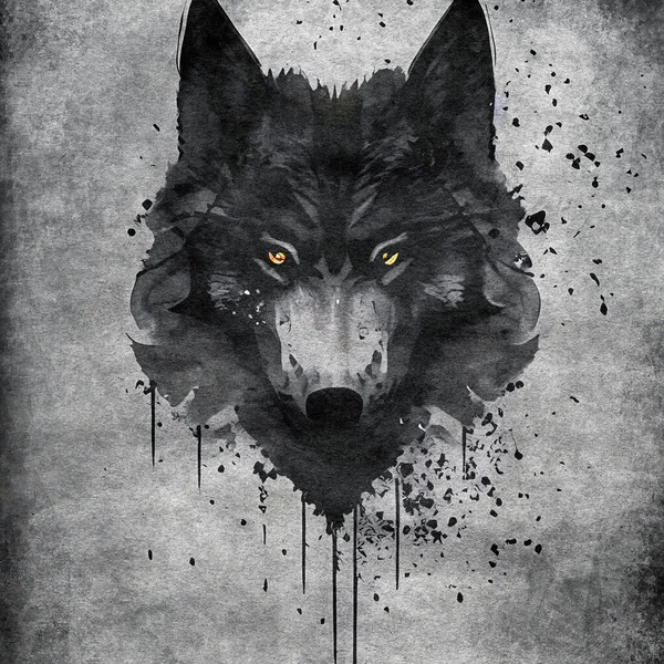 Black Wolf Stylized Dark Paint Splashes Old Paper Texture — Stockfoto