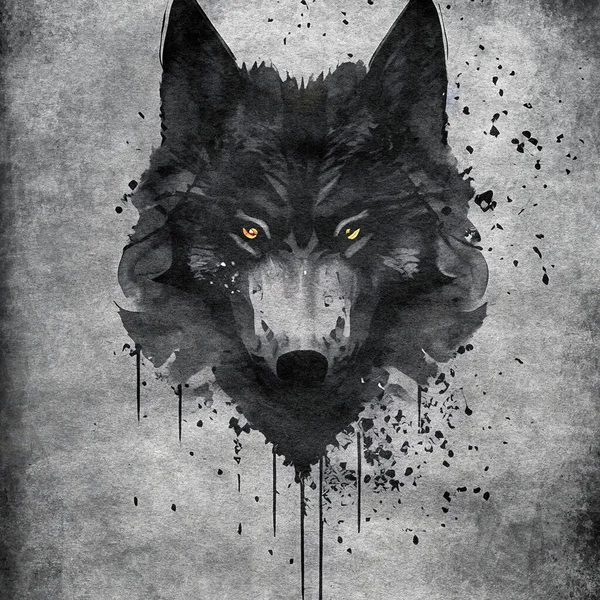 Black Wolf Stylized Dark Paint Splashes Old Paper Texture ストック写真