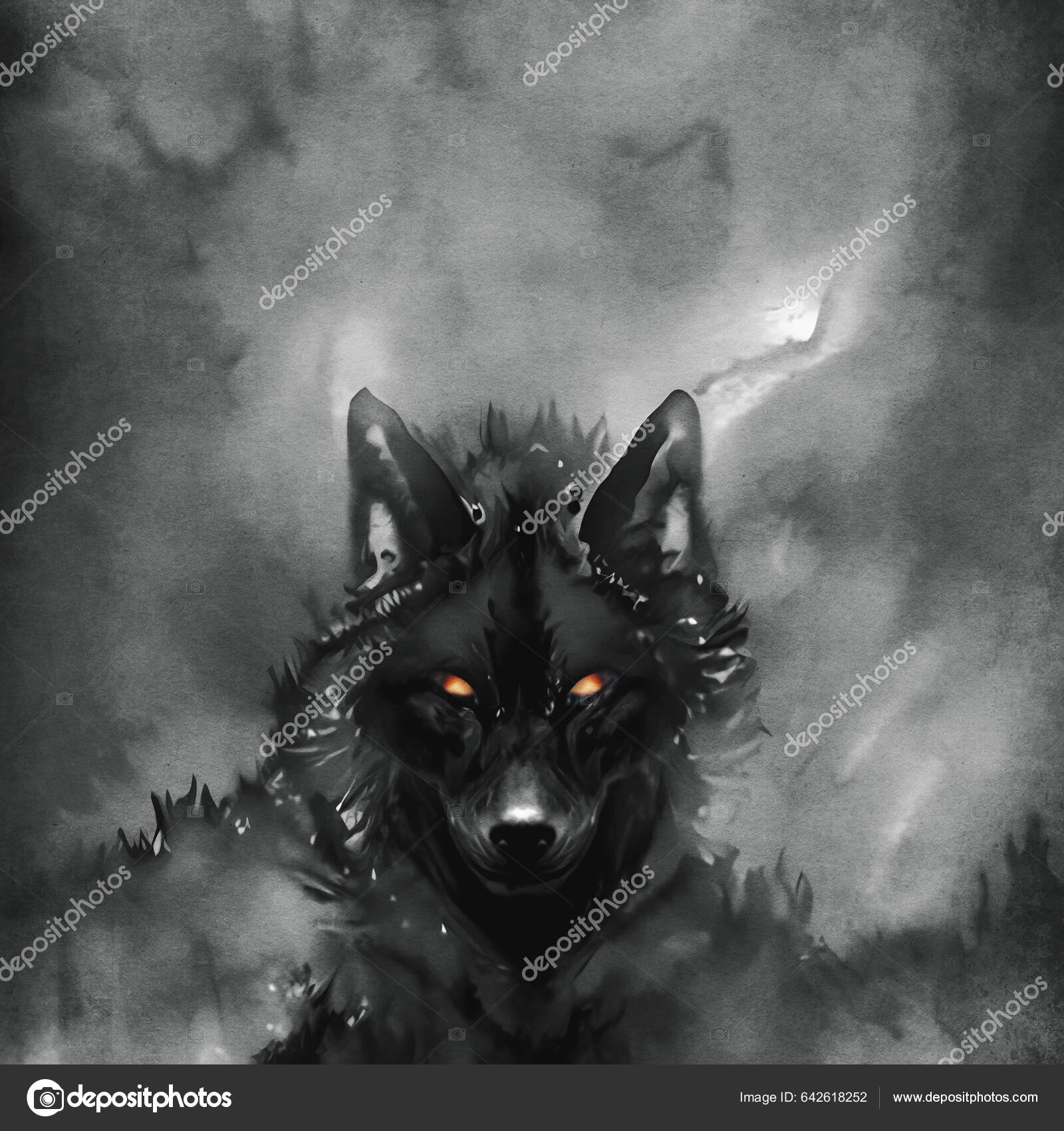 Black Wolf Glowing Eyes Mystical Fog Demonic Essence Stock Illustration 