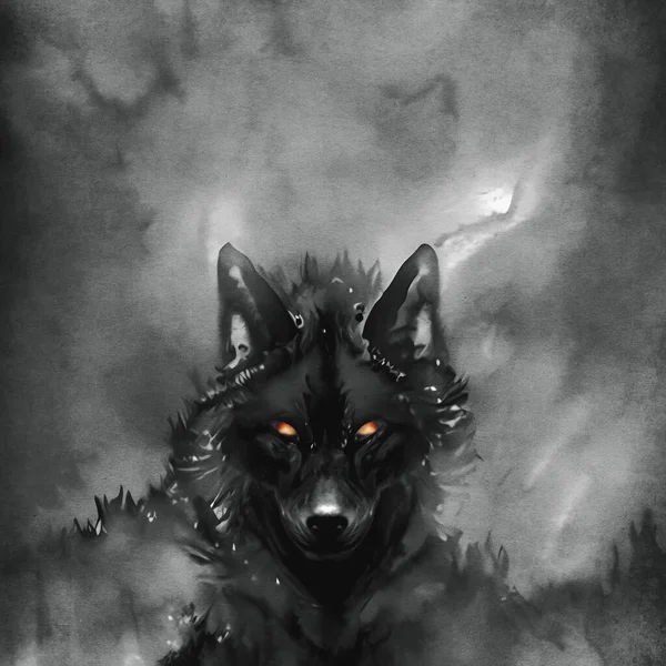 Black Wolf Glowing Eyes Mystical Fog Demonic Essence — Zdjęcie stockowe