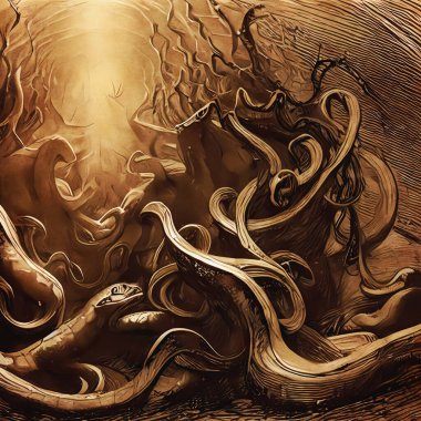 Snake lair in a cave, engraving style drawing, mystical atmosphere