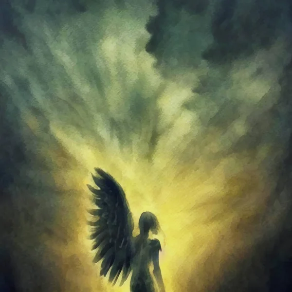 Engelmädchen Auf Einem Himmlischen Hintergrund Helles Sonnenlicht Graue Wolken — Stockfoto
