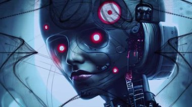 Parlak gözlü robot kadın portresi, yeni teknoloji, 3 boyutlu animasyon