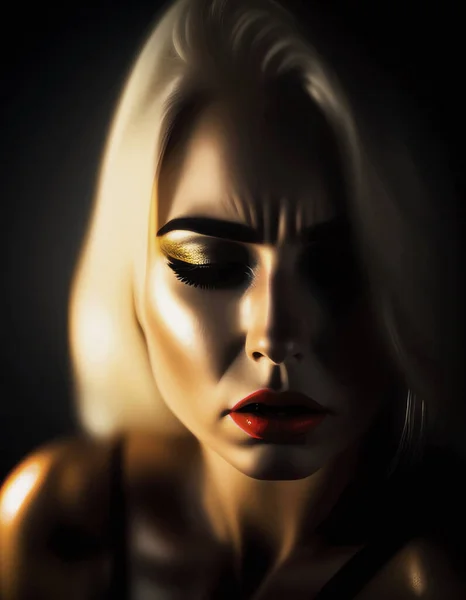 Beautiful blonde with a sad face. Cinematic lighting, dark background